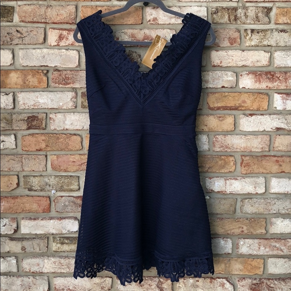 Francesca’s navy sleeveless lace a-line dress
